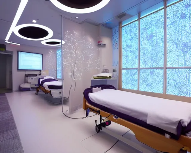 Image similar to The zen environment of the hospital room of the future, in a the give start hotel in a futuristic spaceship from Singapore, with calming bright lights and a welcoming Japanese rose pattern wall and a breathtaking wooden floor, a doctor and her patient look at a computer screen showing medical graphs