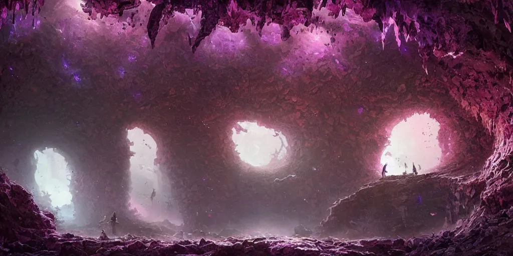 Prompt: zoomed out landscape, beautiful hyper realistic zergling tunnel in cave of purple crystals, beautiful painting by greg rutkowski, atmosphere, ethereal, magic, amazing, positive vibes