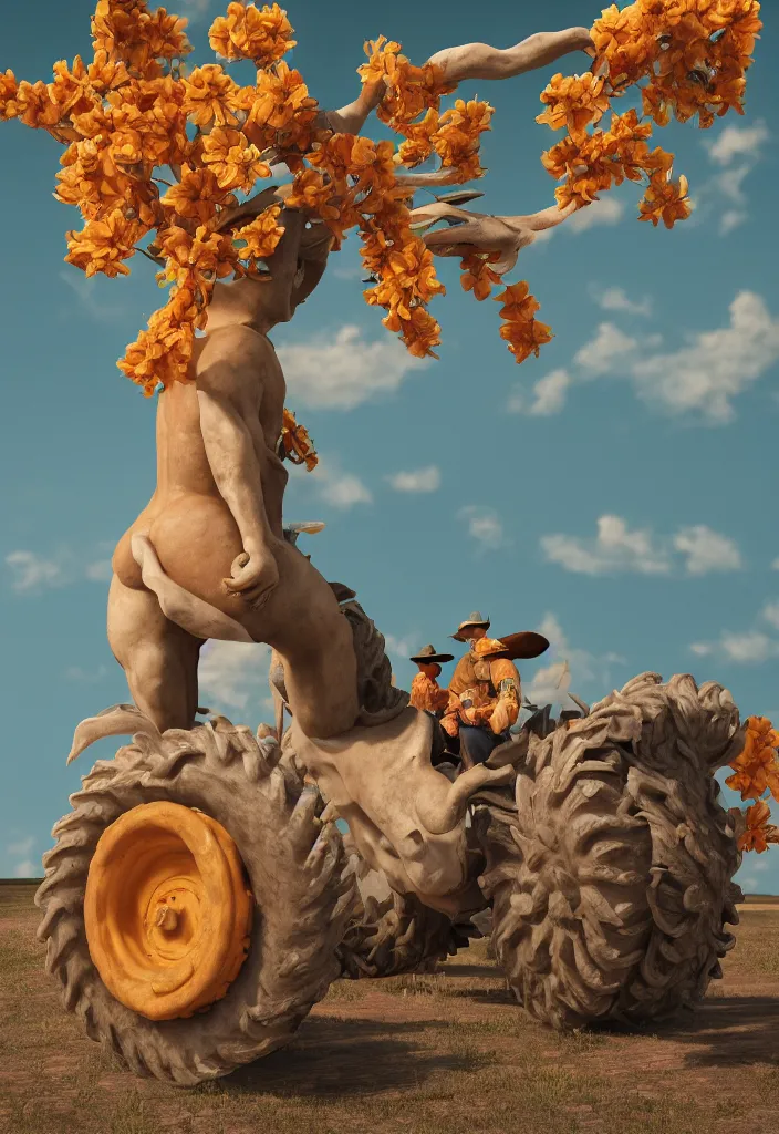 Image similar to A cowboy turning into blooms. tropical sea slugs, tractor tires. complementary colors. national geographic. 8k, rendered in octane, smooth gradients. sculpture by antonio canova