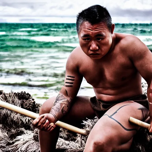 Image similar to a pacific islander warrior on a canoue, 4 k, hyper realistic, dslr, high resolution, landscape, beautiful