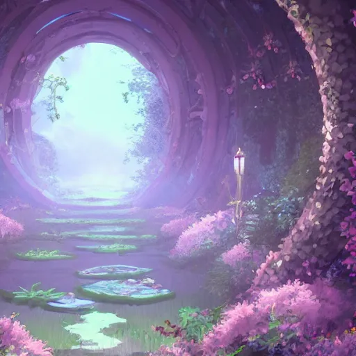 Image similar to paradise with a christian cross as the light is shining at the end of the tunnel, with pale purple and pale pink lighting, cute, aesthetic, anime, with a few vines and overgrowth, studio ghibli, cinematic, painting, high definition, digital art, symmetrical, very detailed, extremely high detail, photo realistic, concept art, unreal engine 5,