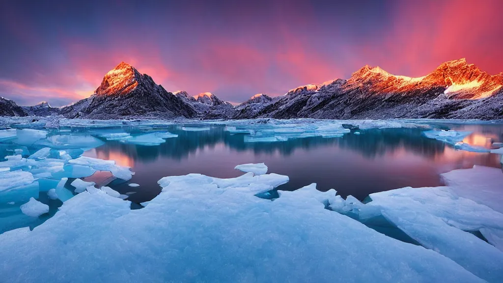 Image similar to amazing landscape photo of a snowy mountains with an ice lake in sunset by marc adamus, beautiful dramatic lighting