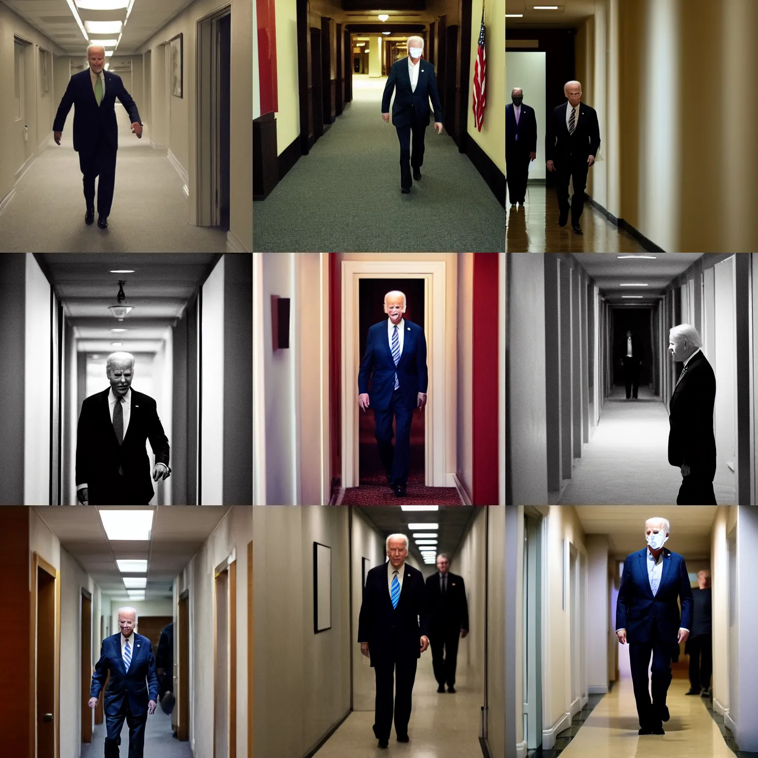 Prompt: undead joe biden walking down a hallway, creepy lighting