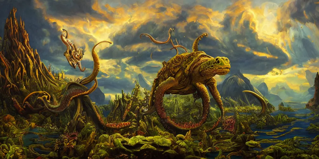 Image similar to fantasy oil painting, great leviathan, cybernetic turtle cephalopod terrapin reptilian pachyderm squid, bella hadid, hybrid, milla jovovich, anubis, epic natural light, lush plants flowers, spectacular mountains, bright clouds, luminous sky, outer worlds, golden hour, michael cheval, edward hopper, michael whelan, vray, hd