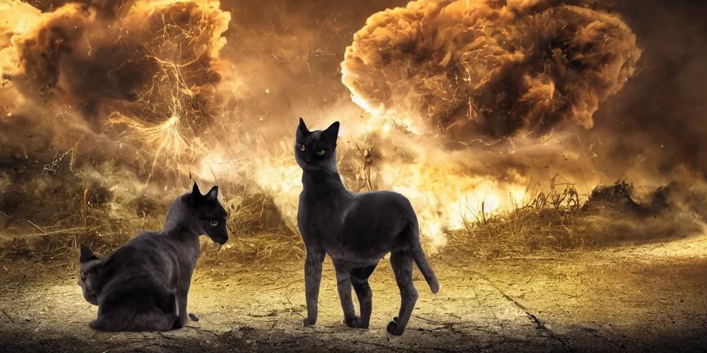 Image similar to cyborg cat sitting on a horse against the background of an explosion, punished, war, hyperrealistic, sharp focus, award winning photo