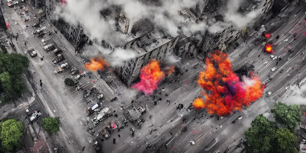 Image similar to post - apocalyptic kreuzberg streets covered in colorful smoke, burned cars, explosions, hyperrealistic, gritty, damaged, drone photography, photorealistic, high details