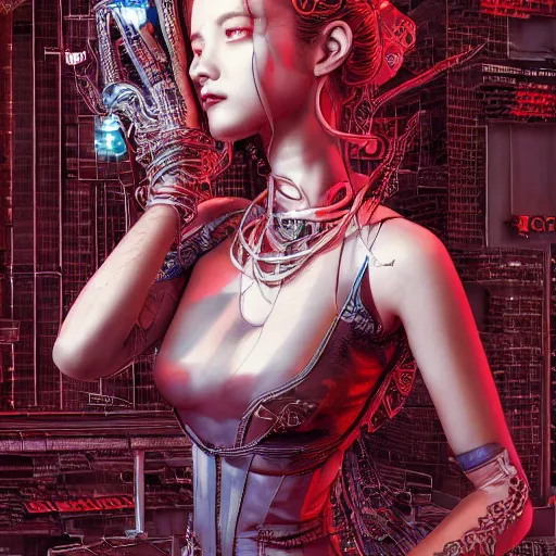 Image similar to the portrait of an absurdly beautiful, graceful, elegant, sophisticated, fashionable cyberpunk gravure idol, an ultrafine hyperdetailed illustration by kim jung gi, irakli nadar, hanna moon, intricate linework, bright colors, collage, porcelain skin, unreal engine 5 highly rendered, global illumination, radiant light, detailed and intricate environment