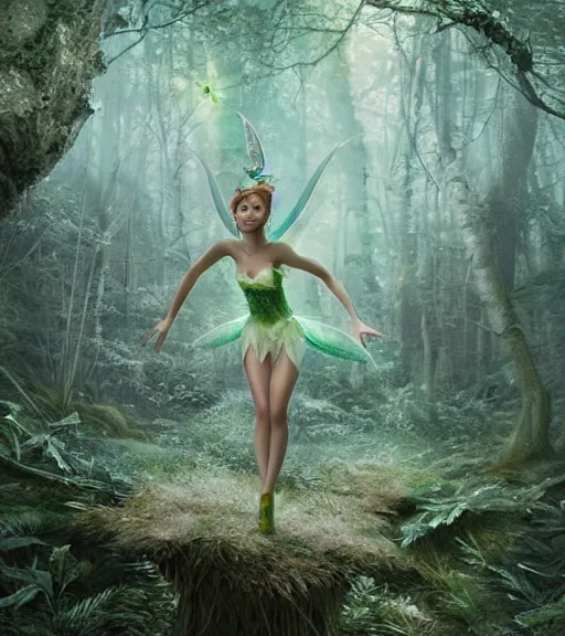 Image similar to demonic tinker bell flying in an enchanted forest, flawless symmetrical pretty cute face, greg rutkowski, 8 k, shallow depth of field, intricate detail, concept art,