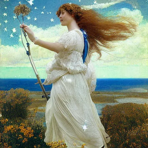 Image similar to the photograph features a woman with wings made of stars, surrounded by a blue and white night sky. the woman is holding a staff in one hand, and a star in the other. she is wearing a billowing white dress, and her hair is blowing in the wind. cool yellow by lawrence alma - tadema, by martine johanna mournful, cgi