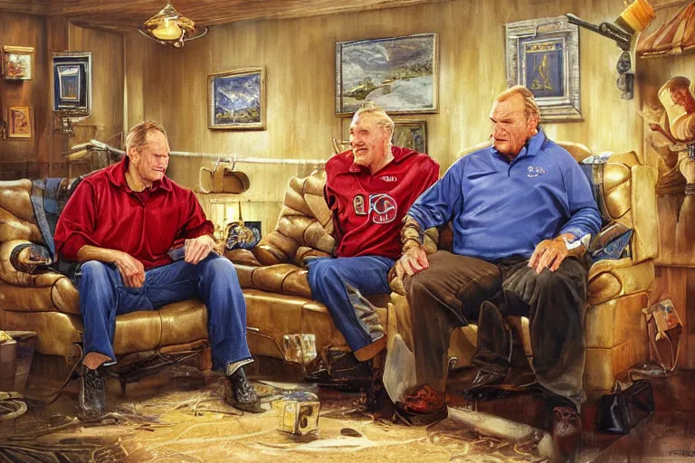 Prompt: portrait of jerry van dyke and craig t nelson planning football, an oil painting by ross tran and thomas kincade