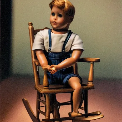 Image similar to Porcelain doll Ryan gosling sits on a rocking chair, realism, proportions,