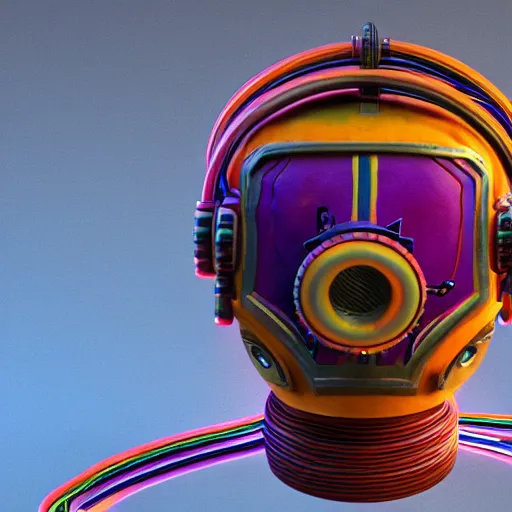 Prompt: a claymodel of a dieselpunk rococo spaced out robot head wearing multicolored wires and headphone, 8 k, front view, symetrical, flourescent colors, halluzinogenic, multicolored, exaggerated detailed, front shot, 3 d render, octane