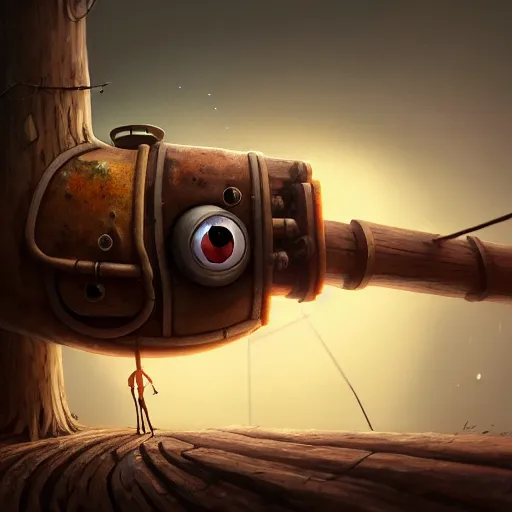 Image similar to a walking wood and metal house with two mechanical legs and two eyes, rust, hyperrealistic, highly detailed, cinematic, single ray of sun, morning, pareidolia, gravity falls style, beautiful, cgssociety, artstation, 8 k, oil painting, digital art