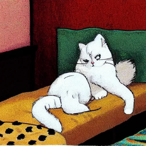 Prompt: a white ragdoll cat lies on the bed in the girl's bedroom, warm atmosphere, by studio ghibli