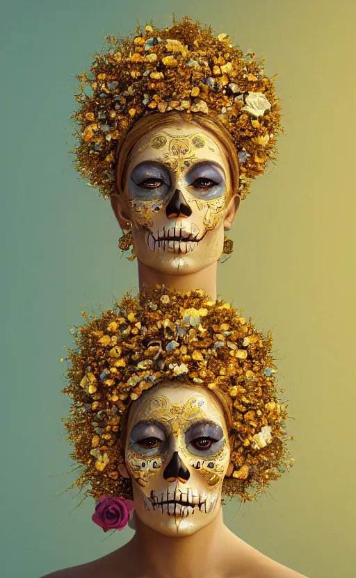 Prompt: a gold oil painting hyperrealism of a beautiful woman on a white background, flowers, dia de los muertos makeup, floral headdress, 8 k resolution, octane render, trending on artstation, by gediminas pranckevicius, volumetric light 2 blue fractal thunder glow by dan mumford, anaglyph effect, laurie lipton