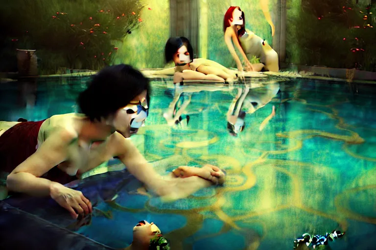 Prompt: Asian girls intertwined in a hallucinatory surreal dream, swimming pool, dark mood, John Singer Sargant, by Bastien Lecouffe-Deharme, Gustav Klimt, Adrian Ghenie Edward Hopper, trending on artstation, 4k, 8k, HD