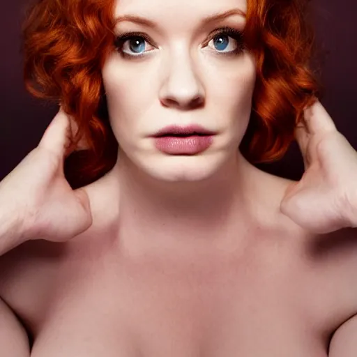 Image similar to symmetry!! christina hendricks!!! full frontal body photography of christina, blushing, perfect facial symmetry, dim volumetric cinematic lighting, 8 k, post - processing, extremely hyper - detailed, intricate, epic composition, masterpiece, stunning,