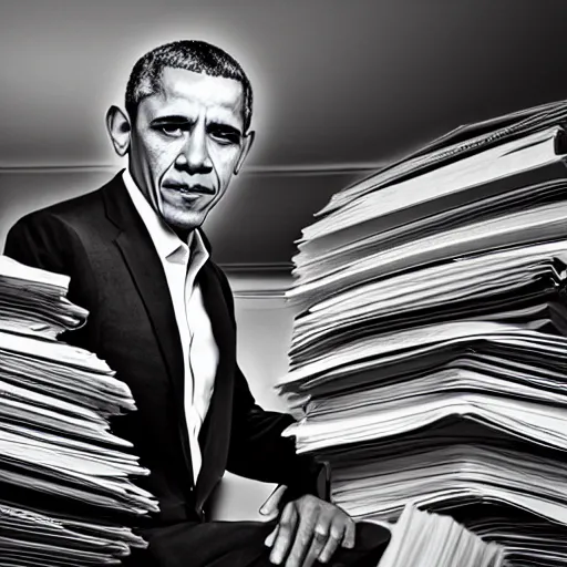 Image similar to obama nervously standing by a mountain of papers, ( eos 5 ds r, iso 1 0 0, f / 8, 1 / 1 2 5, 8 4 mm, postprocessed, crisp face, facial features )