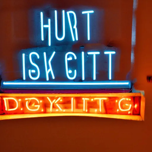 Image similar to Vintage neon sign that spells DYSKOTEKA, hung above the door, late summer evening, long exposure, 35mm f8