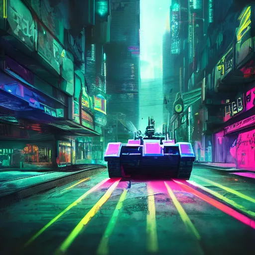 Image similar to high quality photo of a tank in a cyberpunk cyberpunk cyberpunk city, neon lights, realism, 8k, award winning photo, no water