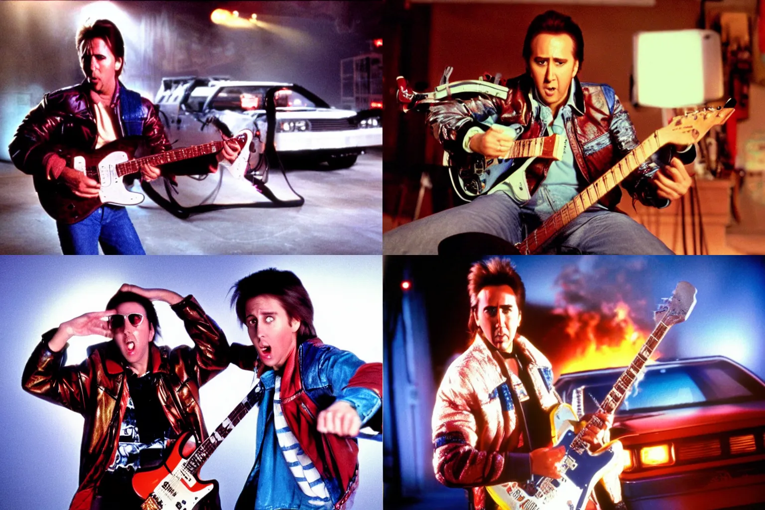 Prompt: Nicolas Cage playing an electric guitar as marty mcfly in back to the future, film still, color, dramatic lighting, 80s,