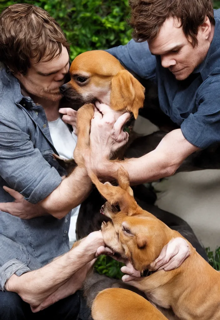 Prompt: Michael C. Hall petting a Chihuahua, cute, beautiful, nature, award winning, photography, National Geographic, Michael C. Hall, f2.8 lens, portrait