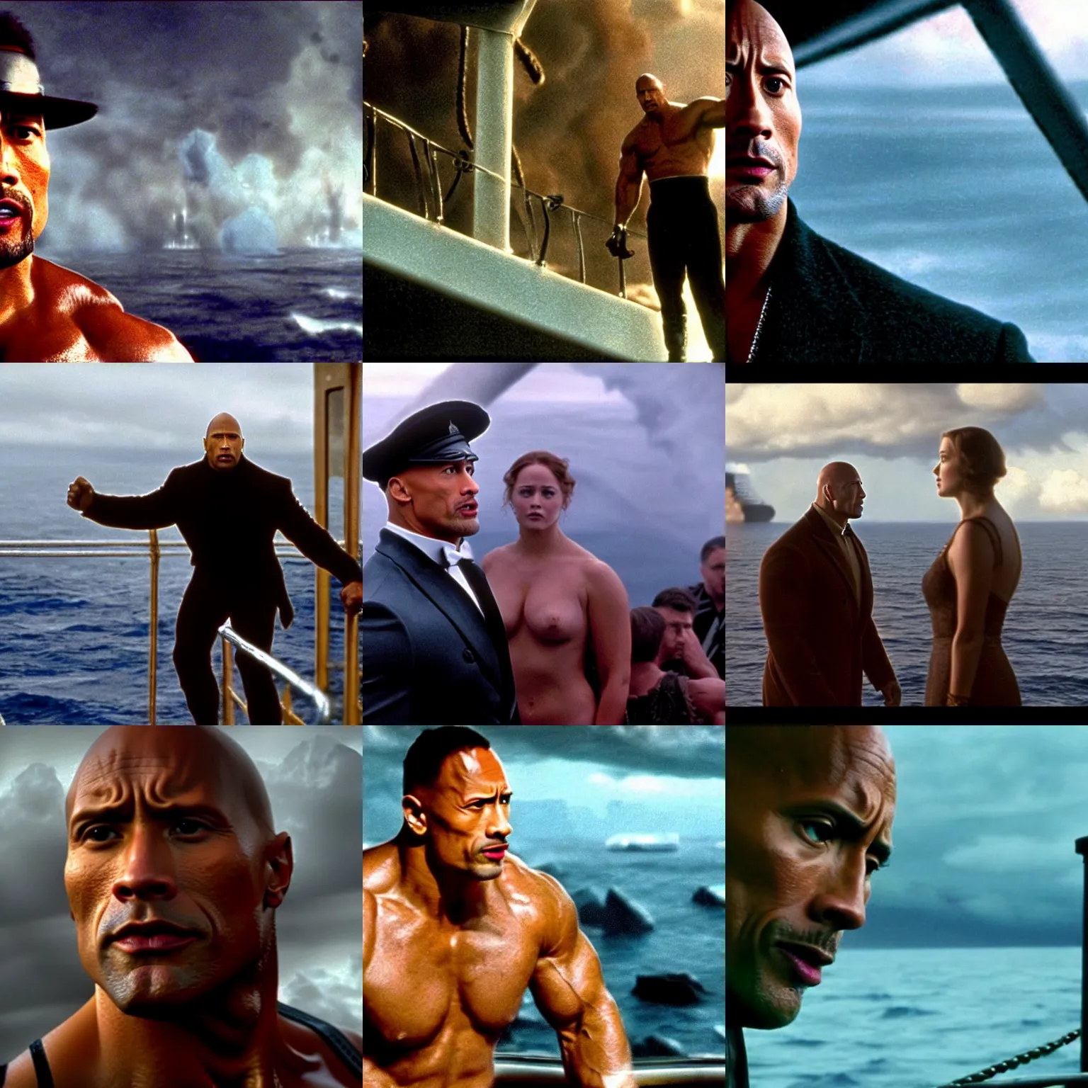 Prompt: dwayne johnson in titanic, cinematic establishing shot, magical colours and atmosphere, perfect coherent composition, super realistic, professional photography 1 6 k