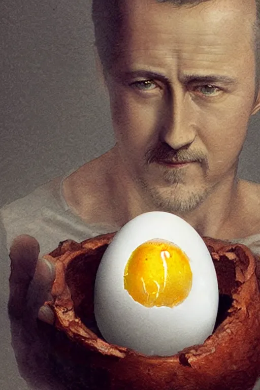 Image similar to a boiled egg with with edward norton's face inside the egg, highly detailed, dramatic lighting, concept art by caravaggio and greg rutkowski and artgerm