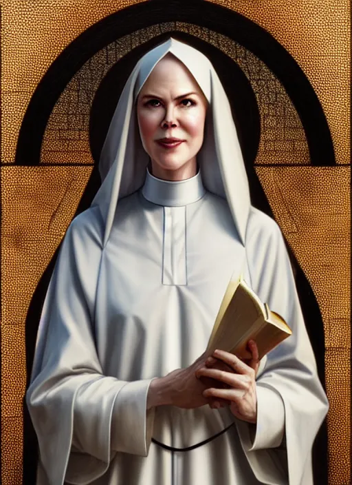 Image similar to portrait of nicole kidman as a nun, catholic, church, bible, christian, intrigante, headshot, highly detailed, digital painting, artstation, concept art, sharp focus, cinematic lighting, illustration, art by artgerm and greg rutkowski, alphonse mucha, cgsociety