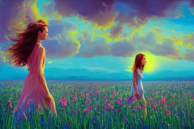 Image similar to giant gladiola head, girl walking in field of flowers, surreal photography, sunrise, blue sky, dramatic light, impressionist painting, digital painting, artstation, simon stalenhag