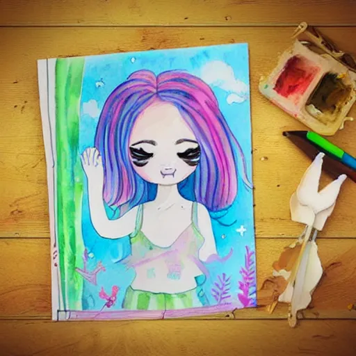 Prompt: girl and unicorn, illustration, cute watercolor children book colorful