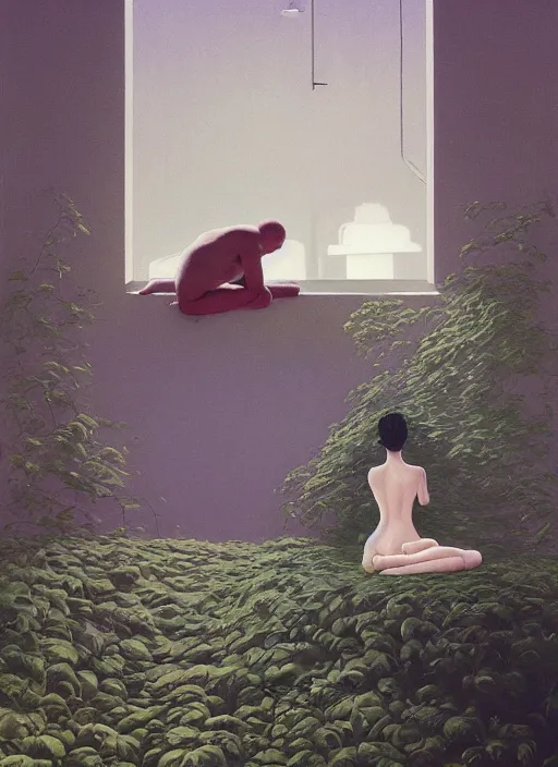 Prompt: time does not exist anymore by edward hopper and james gilleard, zdzislaw beksinski, overgrown vegetation, open ceiling, highly detailed, black people, painted by francis bacon, painted by james gilleard, airbrush, ilya kuvshinov, wlop, stanley artgerm, very coherent, art by takato yamamoto and james jean