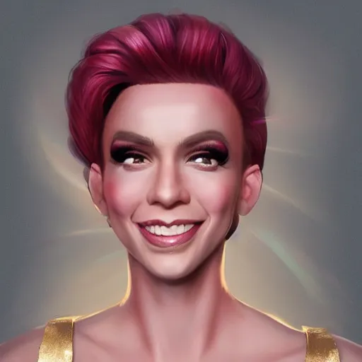 Prompt: side portrait of a ( ( ( masculine ) ) ) drag queen, happy smile, light pink, soft gold glow background, artgerm, cushart krenz, artstation, soft light, sharp focus, award - winning, broad - brush, symmetrical, digital art, procreate!!, character design, two - color, duotone, concept art