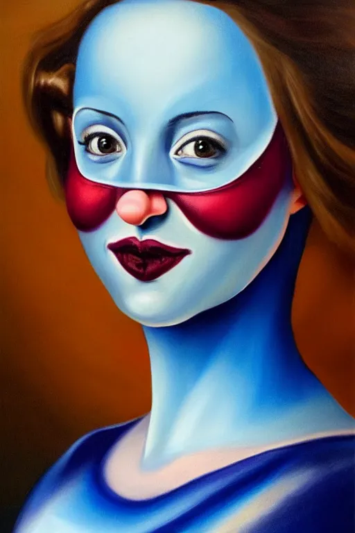 Image similar to hyperrealism oil painting, close - up portrait of commedia dell'arte fashion woman model, gradient mixed with nebula sky, in style of baroque