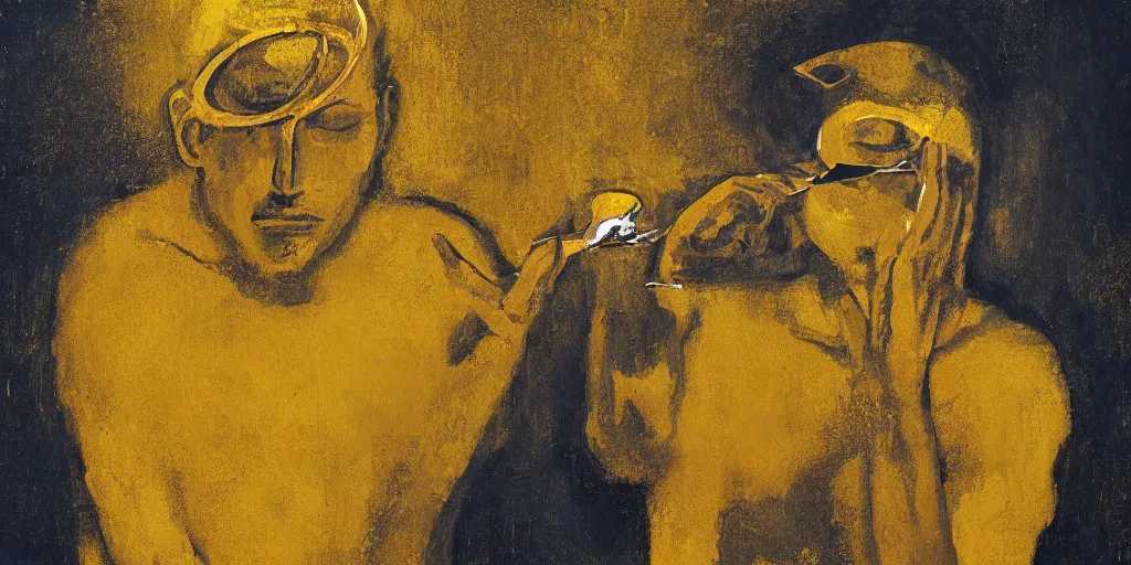 Image similar to golden abstract painting of a man removing a nail from his third eye