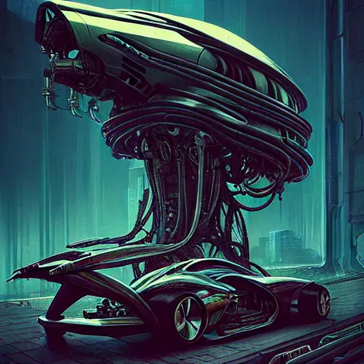 Image similar to shiny cyberpunk vehicle reminiscent of fast car with robotic enhancements parked in ancient mystic woods, gothic and baroque, brutalist architecture, ultradetailed, creepy ambiance, fog, artgerm, giger, Intricate by Ellen Jewett and Josan Gonzalez and Giuseppe Arcimboldo