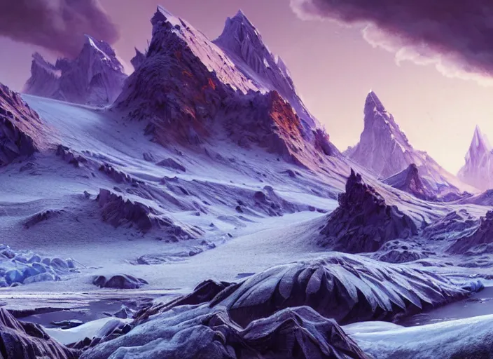 Image similar to detailed intricate digital illustration by greg rutkowski and wlop and sanford robinson gifford ; icy glacier landscape with shards of purple glistening geode sticking up from the ground like mountains, puffy clouds and snow ; 1 3 mm film, arri alfa anamorphic lens ; sharp focus, golden hour lighting, trending on artstation 4 k