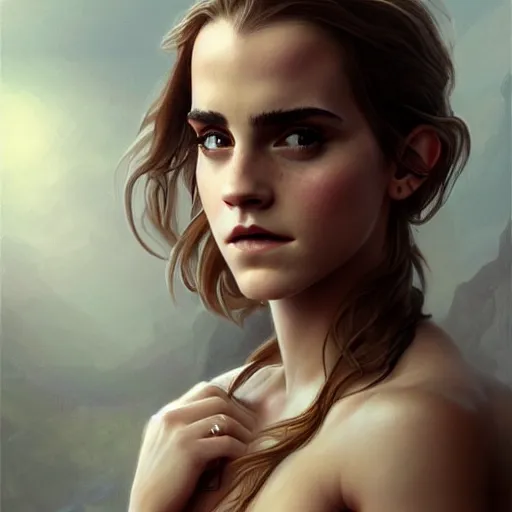 Prompt: portrait of emma watson, muscular, upper body, hairy torso, D&D, fantasy, intricate, elegant, highly detailed, digital painting, artstation, concept art, matte, sharp focus, illustration, art by Artgerm and Greg Rutkowski and Alphonse Mucha