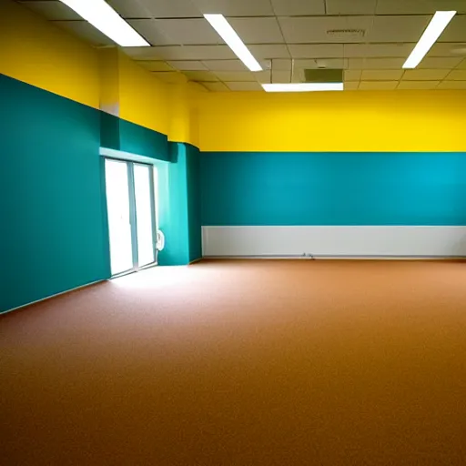 Image similar to A color film photograph of an empty endless office space, yellow walls, moist carpet, fluorescent lights, no furniture, no windows