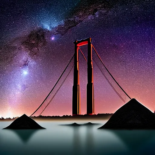 Prompt: Twin Towers between towers is a distant Golden Gate Bridge, glowing black hole in the night sky in front of the Milky Way, red-hooded magicians casting purple colored spells towards the towers, white glowing souls flying out of the towers to the black hole in the style of The Lord of the Rings