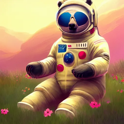 Prompt: a bear in a astronaut suit sitting on a rock on Mars surrounded by flowers, with the sky full of stars, digital art, trending on artstation, HDR