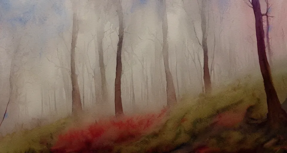 Prompt: watercolor painting of a forest in the fog by the ocean, peaceful,