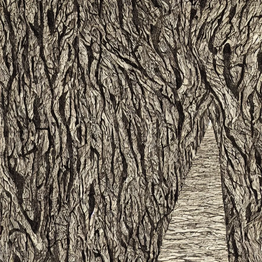 Prompt: Artwork about walking through the paths drawn in tree bark'.