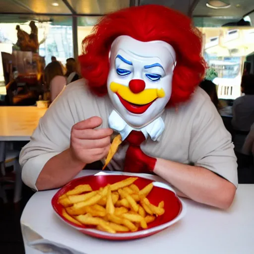 Prompt: ronald mcdonald eating a giant fry