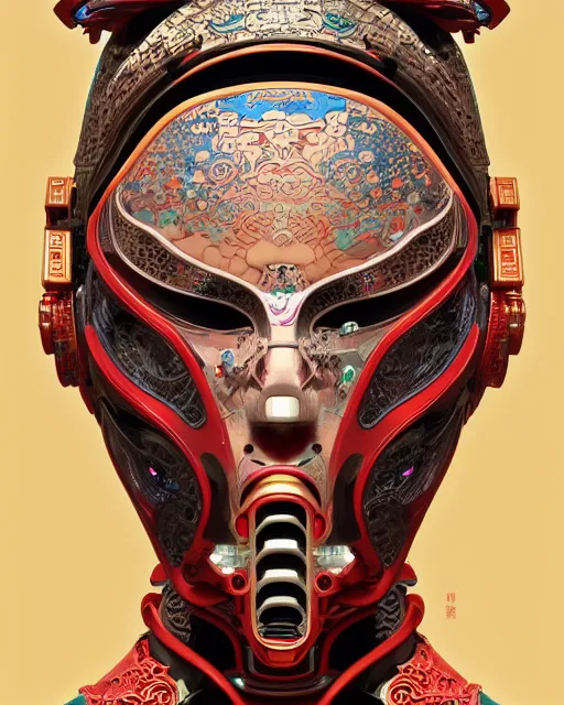 Image similar to portrait of a cyberpunk machine, machine face, upper half portrait, decorated with chinese opera motifs, asian, fine china, traditional chinese art, intricate, elegant, highly detailed, symmetry, headpiece, digital painting, artstation, concept art, smooth, sharp focus, illustration, art by artgerm and greg rutkowski and alphonse mucha, 8 k