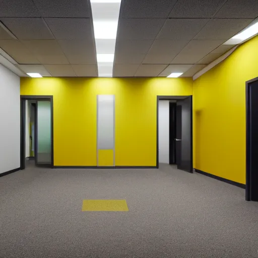 Prompt: a photograph of an emty office with mono yellow walls,brown moist carpet and fluorescent lights,creepy,eerie,4k,real photo,natural lights,mysterious,professional photography,nostalgic,old