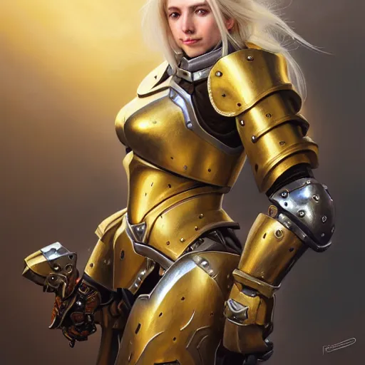 Image similar to Portrait of a girl with blonde hair wearing a heavy knight armor, Overwatch inspired, golden accents and armor by Donato Giancola, face, fantasy, intricate, elegant, highly detailed, digital painting, artstation, concept art, smooth, sharp focus, illustration, art by Wei Fan and Fernanda Suarez and Artem Demura and alphonse mucha