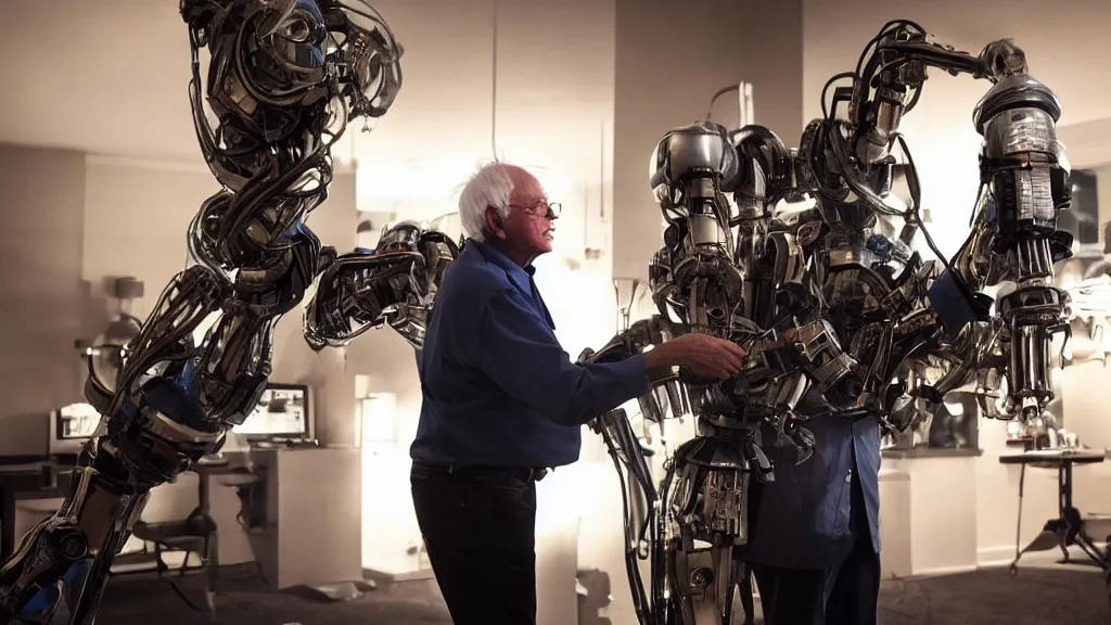 Image similar to bernie sanders putting the finishing touches on a complex magical clockwork doomsday robot, cinematic moody lighting, sharp focus, imax