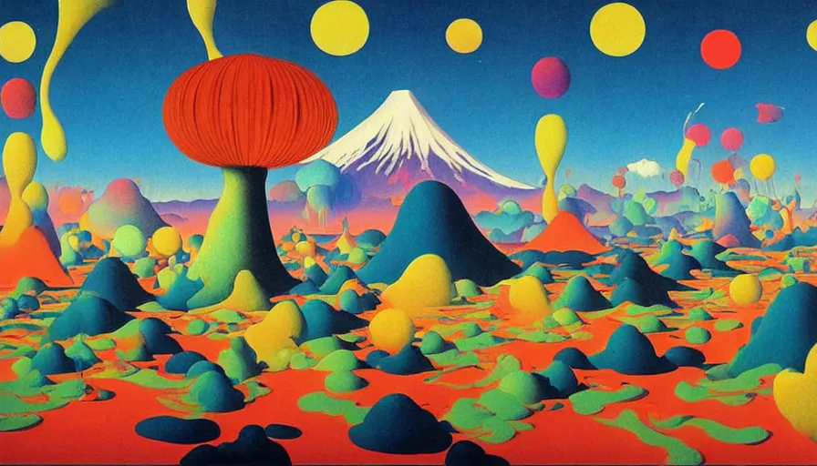 Image similar to Japan travel and tourism c2050, surrealist psychedelic painting in the style of Oxygene, Magritte, Roger Dean, Yoshio Awazu, vivid color