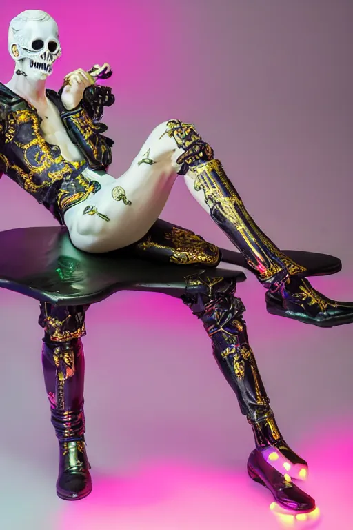 Image similar to full-body rococo and cyberpunk style neon statue of a young attractive (slender muscular Portugues macho bem dotado) e rico android ((sim roupa)) reclining (con pernas aberta e piroca dura) leite, glowing (((white laser))) eyes, prince crown of black skulls, ruby, swirling gold-colored silk fabric. futuristic elements. full-length view. space robots. human skulls. intricate artwork by caravaggio. Trending on artstation, octane render, cinematic lighting from the right, hyper realism, octane render, 8k, depth of field, 3D
